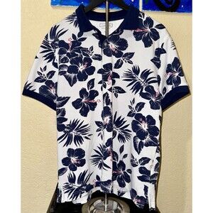 Men’s spring polo shirt Club Room size L white fabrics navy blue large flowers